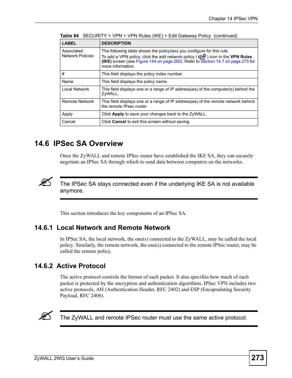 6 ipsec sa overview, 1 local network and remote network, 2 active protocol | ZyXEL Communications ZyXEL ZyWALL 2WG User Manual | Page 273 / 730