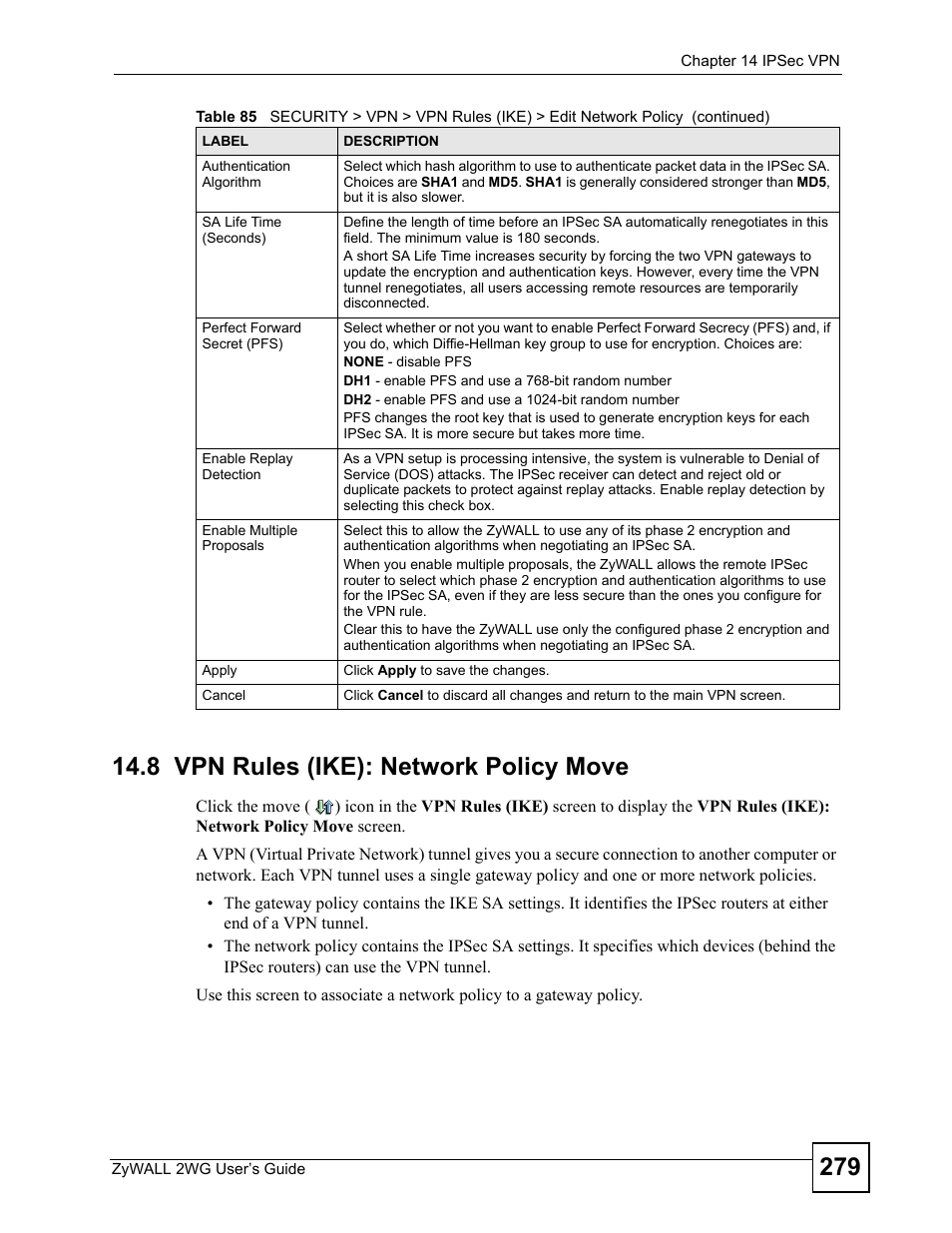 8 vpn rules (ike): network policy move | ZyXEL Communications ZyXEL ZyWALL 2WG User Manual | Page 279 / 730