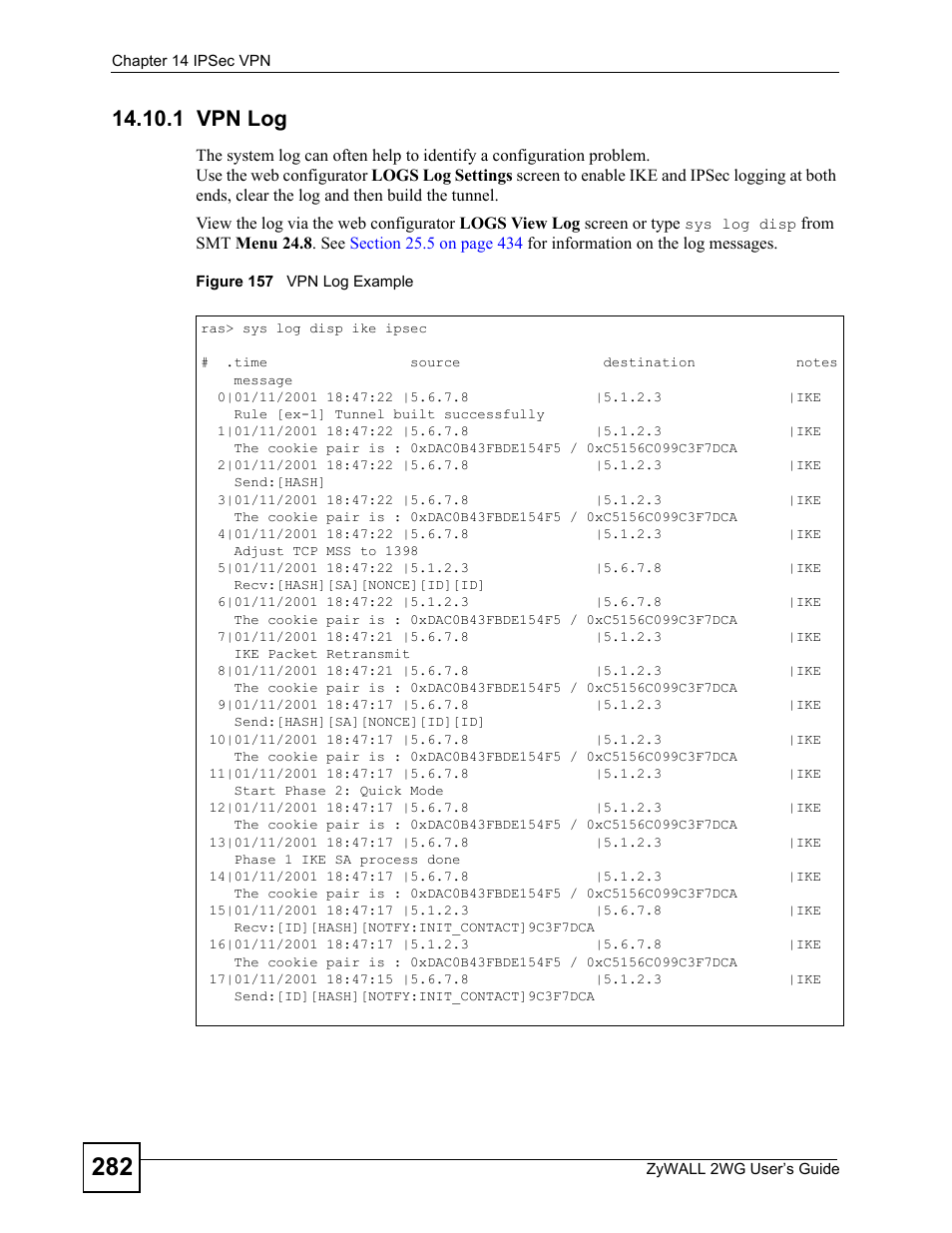 1 vpn log, Figure 157 vpn log example | ZyXEL Communications ZyXEL ZyWALL 2WG User Manual | Page 282 / 730