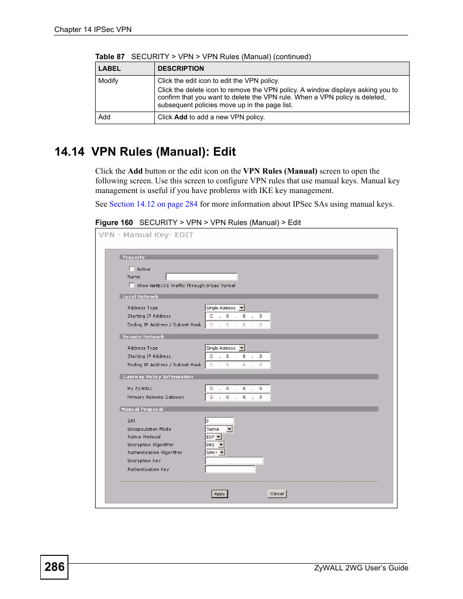 14 vpn rules (manual): edit | ZyXEL Communications ZyXEL ZyWALL 2WG User Manual | Page 286 / 730