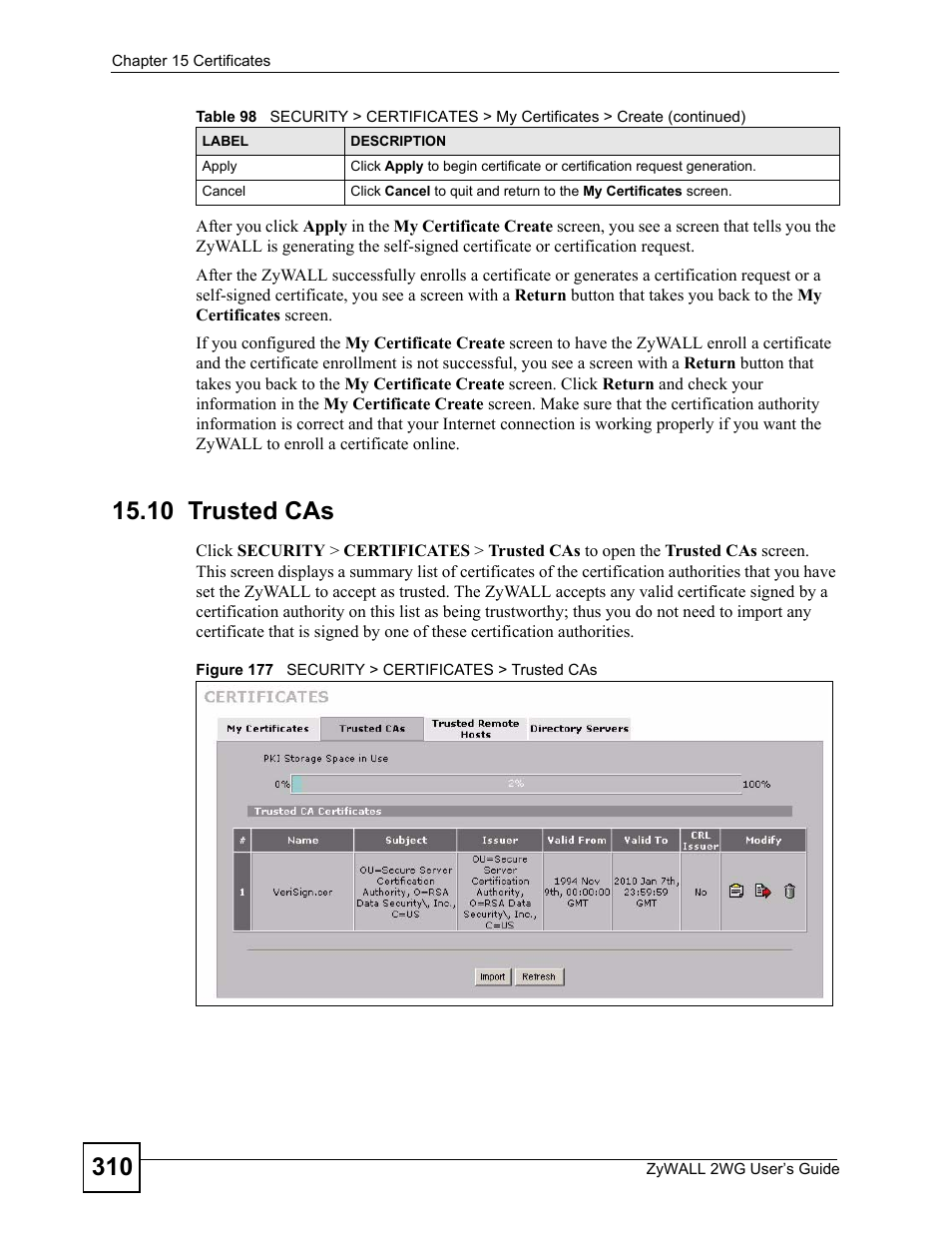 10 trusted cas, Figure 177 security > certificates > trusted cas | ZyXEL Communications ZyXEL ZyWALL 2WG User Manual | Page 310 / 730