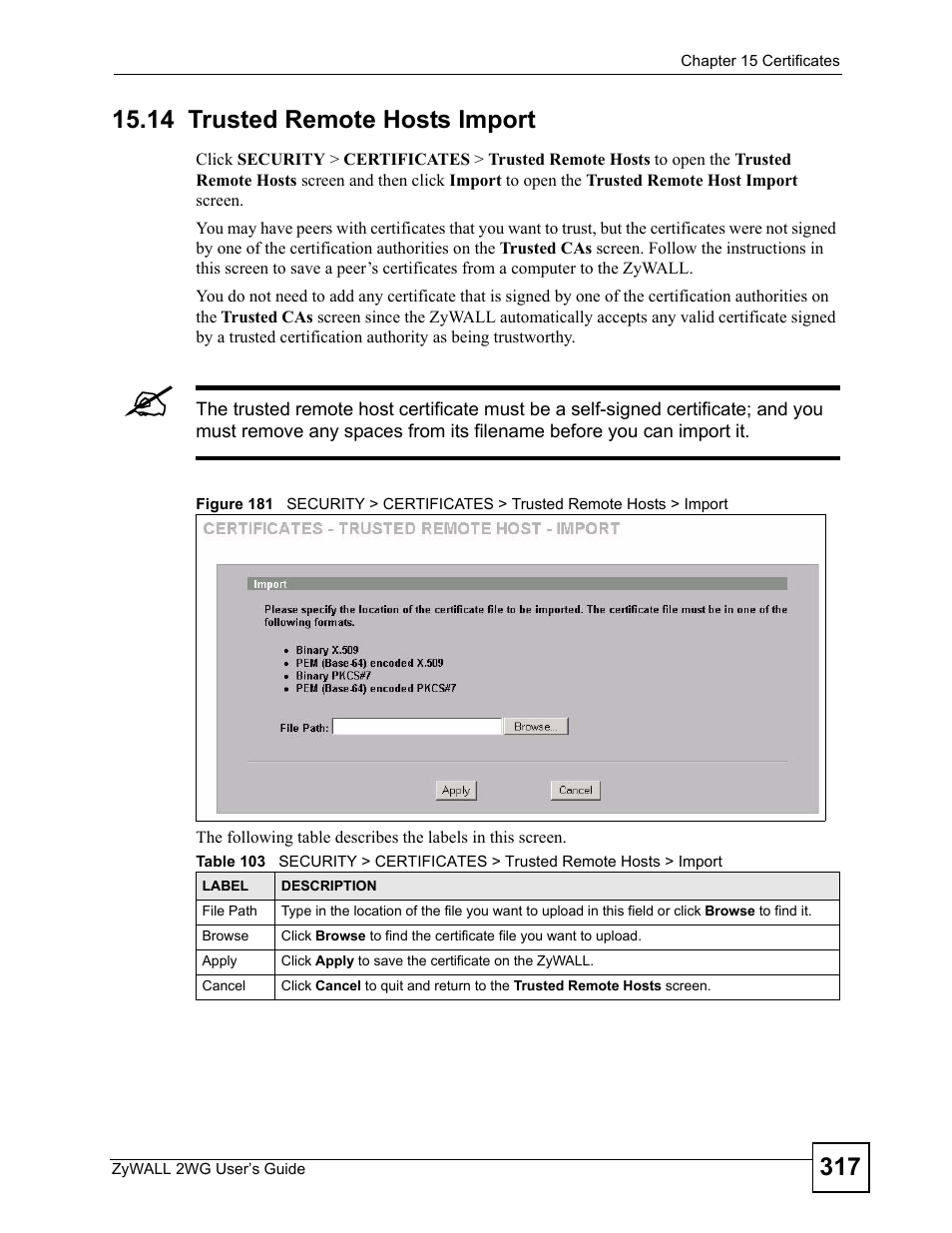 14 trusted remote hosts import | ZyXEL Communications ZyXEL ZyWALL 2WG User Manual | Page 317 / 730