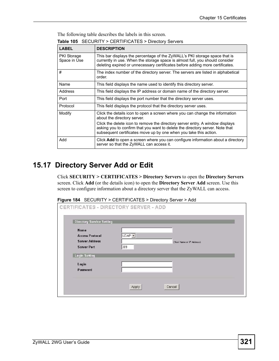 17 directory server add or edit | ZyXEL Communications ZyXEL ZyWALL 2WG User Manual | Page 321 / 730