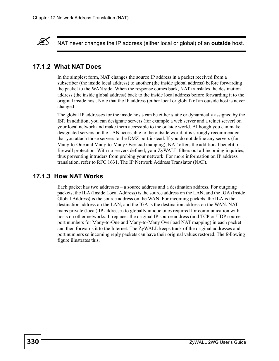 2 what nat does, 3 how nat works, 2 what nat does 17.1.3 how nat works | ZyXEL Communications ZyXEL ZyWALL 2WG User Manual | Page 330 / 730