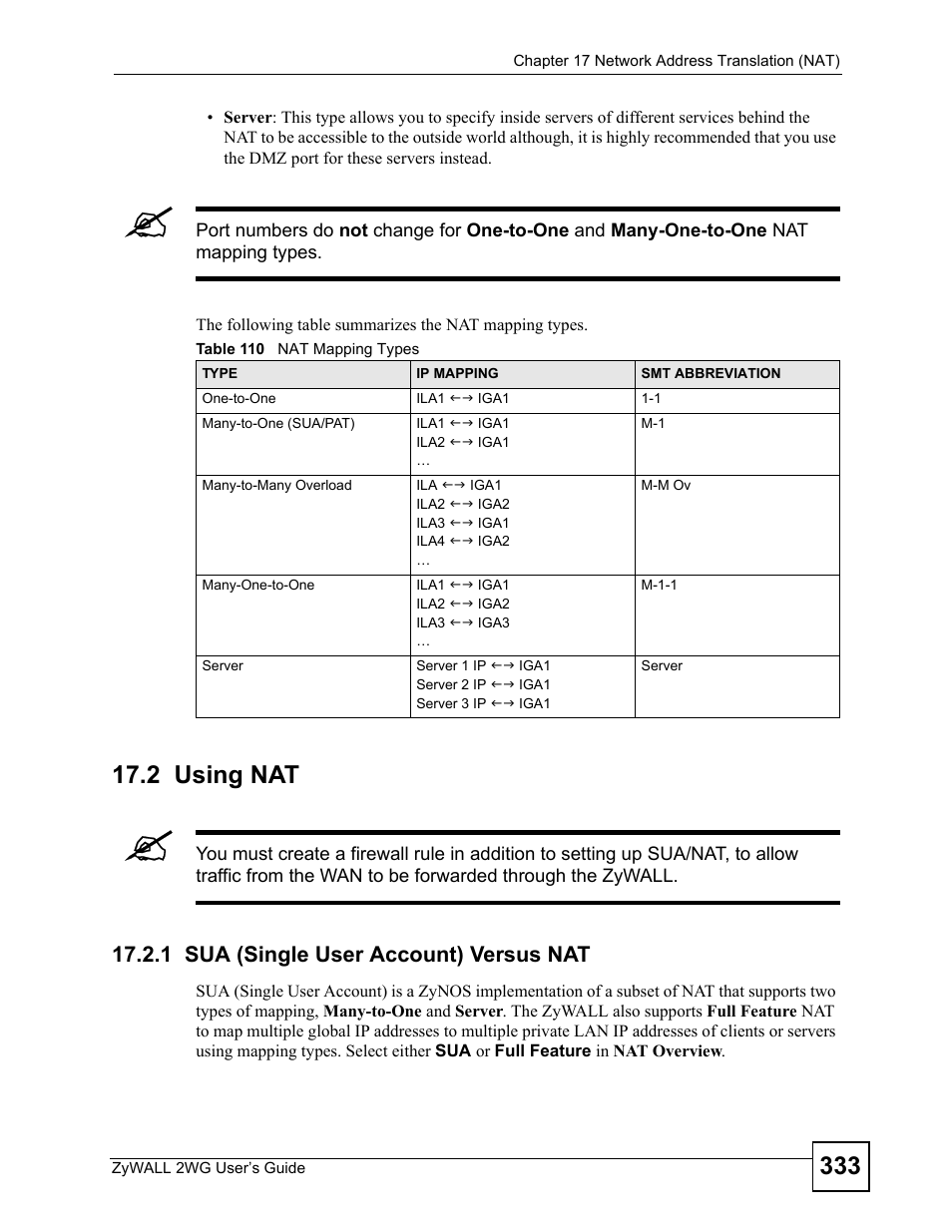 2 using nat, 1 sua (single user account) versus nat, Table 110 nat mapping types | ZyXEL Communications ZyXEL ZyWALL 2WG User Manual | Page 333 / 730