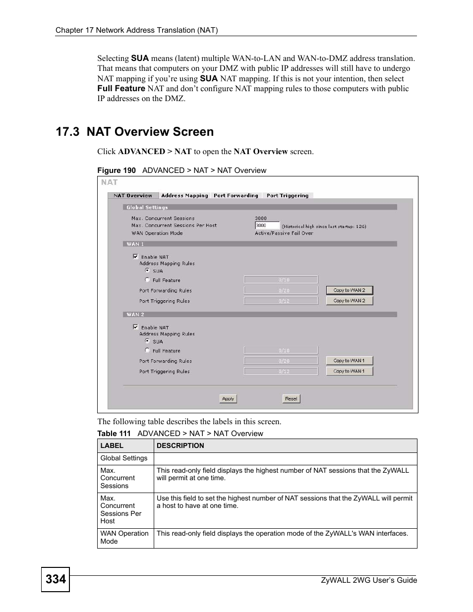 3 nat overview screen, Figure 190 advanced > nat > nat overview, Table 111 advanced > nat > nat overview | ZyXEL Communications ZyXEL ZyWALL 2WG User Manual | Page 334 / 730