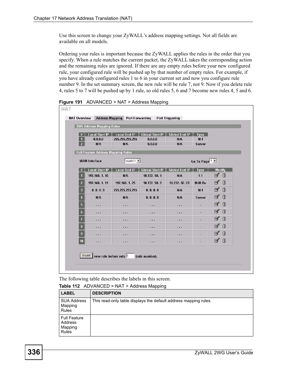 Figure 191 advanced > nat > address mapping, Table 112 advanced > nat > address mapping | ZyXEL Communications ZyXEL ZyWALL 2WG User Manual | Page 336 / 730