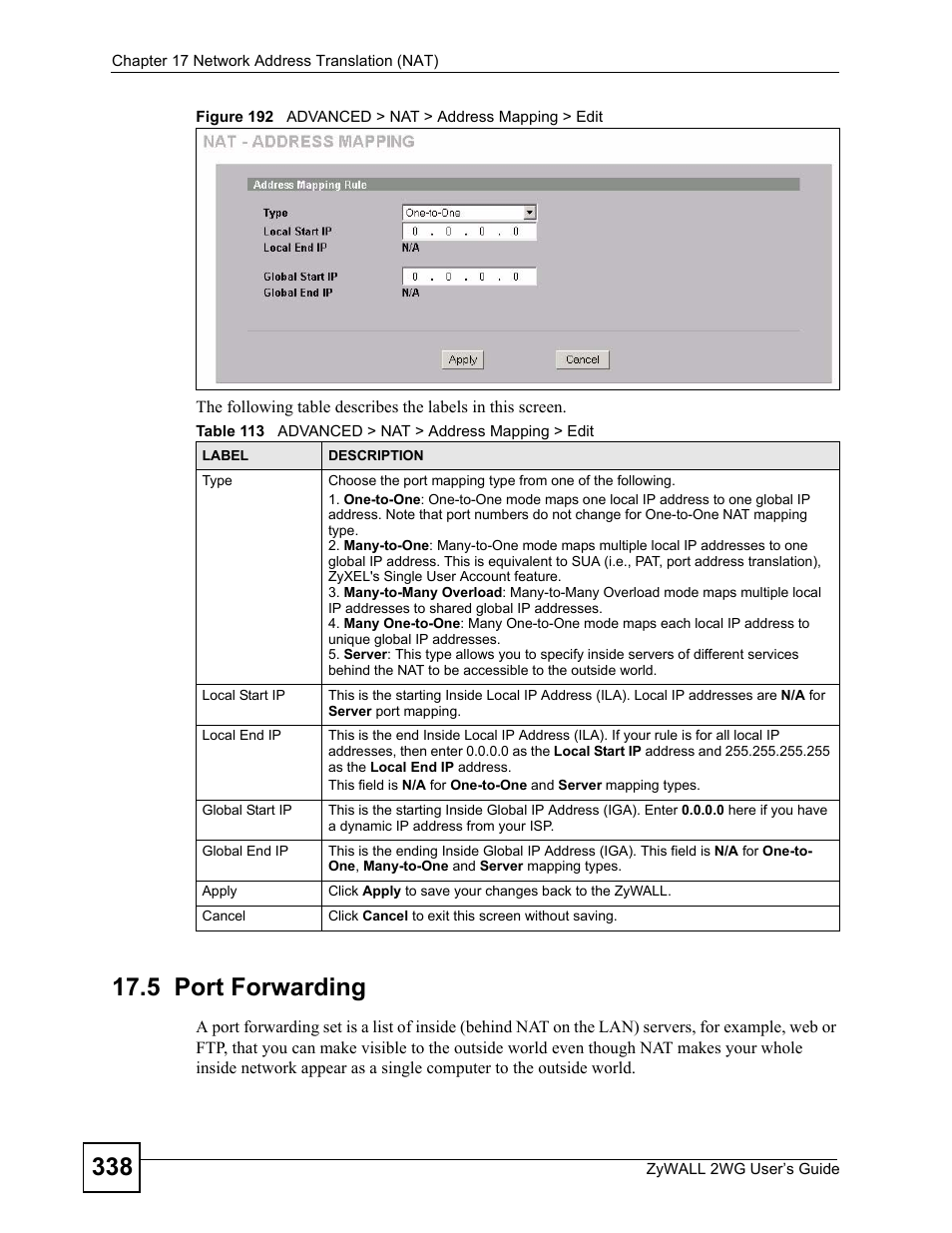 5 port forwarding, Figure 192 advanced > nat > address mapping > edit, Table 113 advanced > nat > address mapping > edit | ZyXEL Communications ZyXEL ZyWALL 2WG User Manual | Page 338 / 730