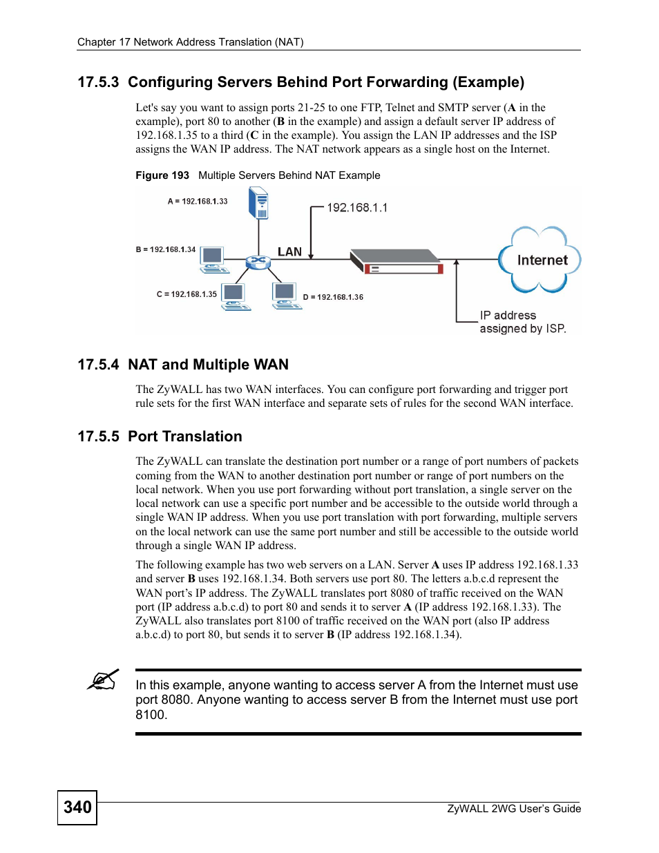 4 nat and multiple wan, 5 port translation, Figure 193 multiple servers behind nat example | On the lan. see | ZyXEL Communications ZyXEL ZyWALL 2WG User Manual | Page 340 / 730