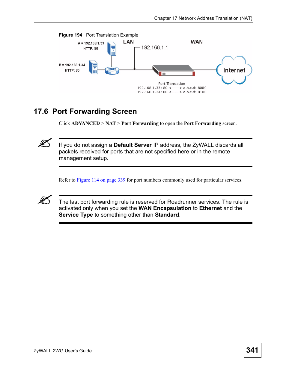 6 port forwarding screen, Figure 194 port translation example | ZyXEL Communications ZyXEL ZyWALL 2WG User Manual | Page 341 / 730