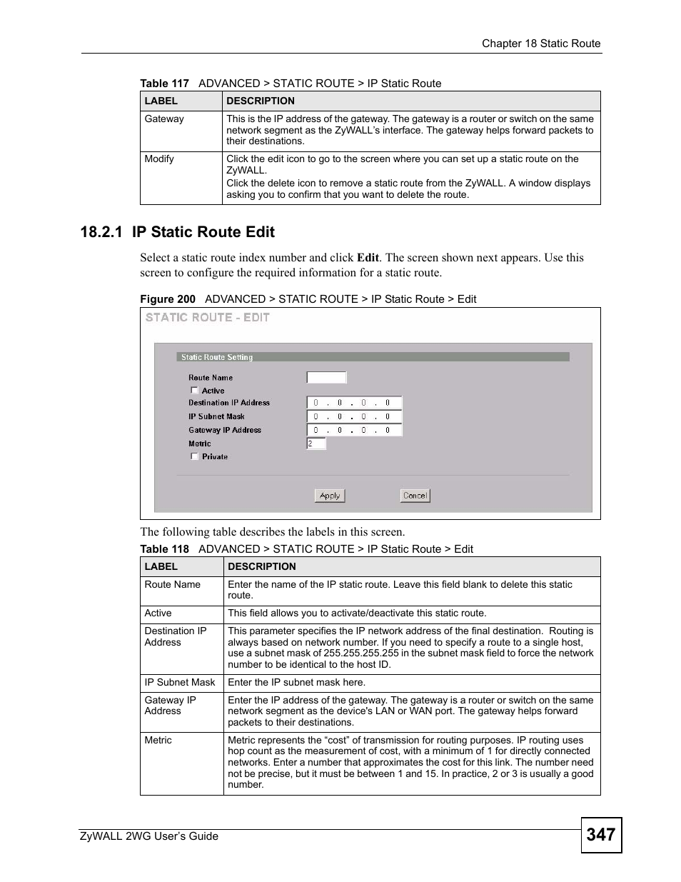 1 ip static route edit | ZyXEL Communications ZyXEL ZyWALL 2WG User Manual | Page 347 / 730