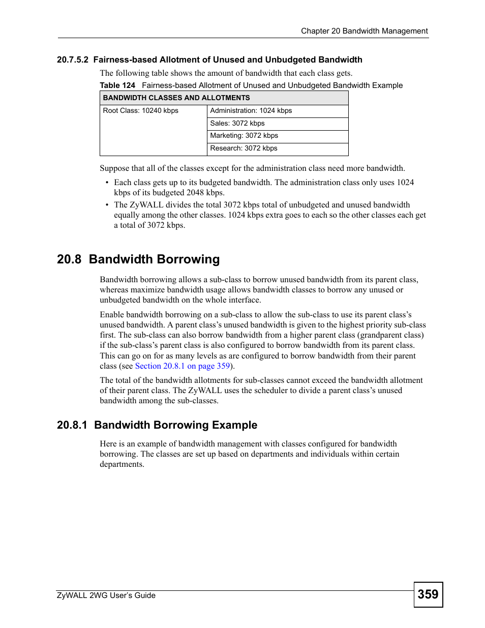 8 bandwidth borrowing, 1 bandwidth borrowing example | ZyXEL Communications ZyXEL ZyWALL 2WG User Manual | Page 359 / 730