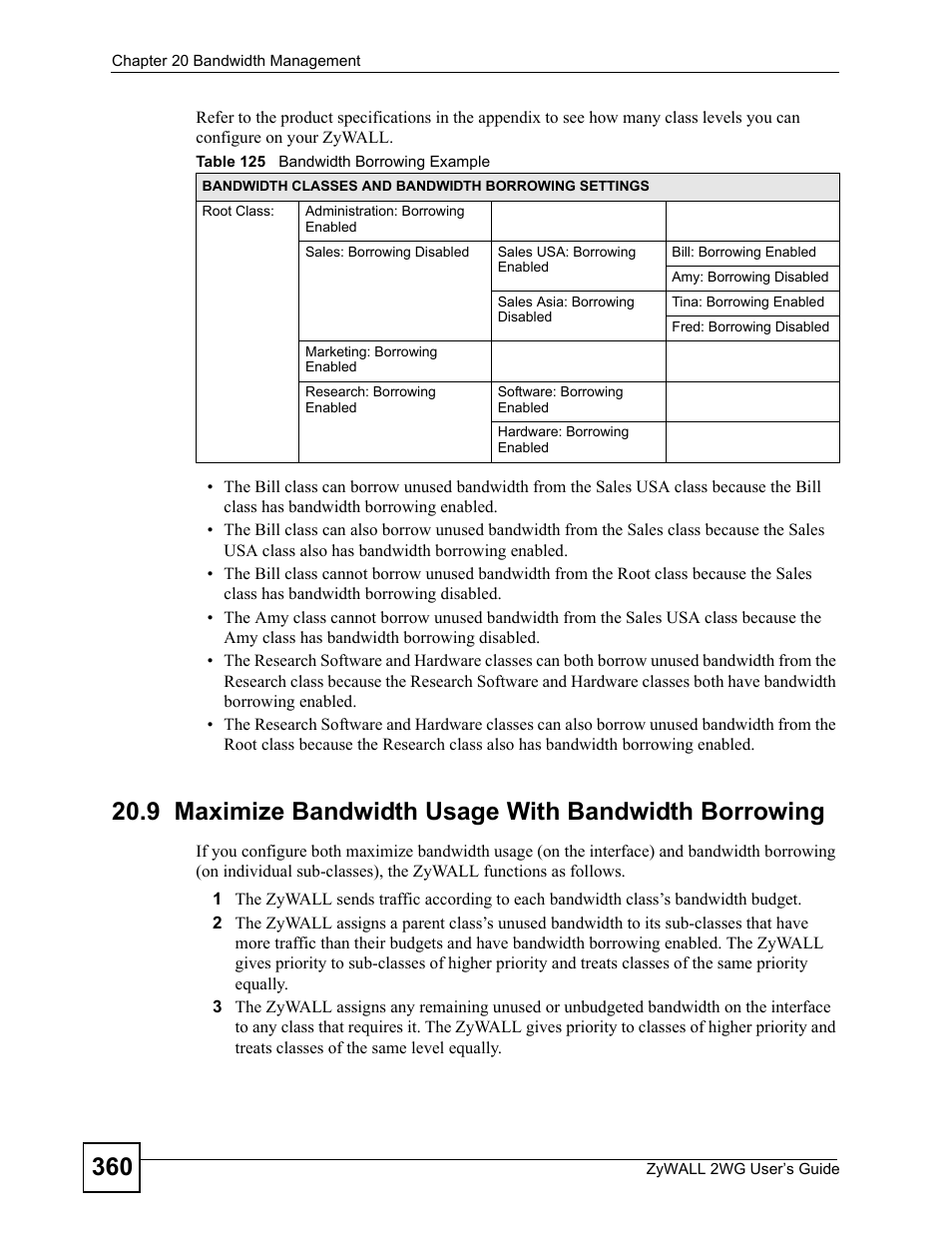 Table 125 bandwidth borrowing example | ZyXEL Communications ZyXEL ZyWALL 2WG User Manual | Page 360 / 730