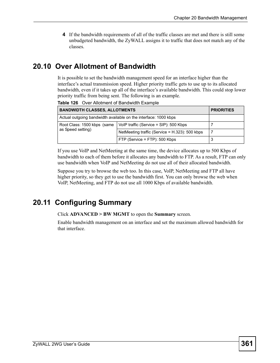 10 over allotment of bandwidth, 11 configuring summary, Table 126 over allotment of bandwidth example | ZyXEL Communications ZyXEL ZyWALL 2WG User Manual | Page 361 / 730