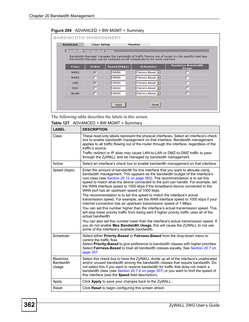 Figure 204 advanced > bw mgmt > summary, Table 127 advanced > bw mgmt > summary | ZyXEL Communications ZyXEL ZyWALL 2WG User Manual | Page 362 / 730