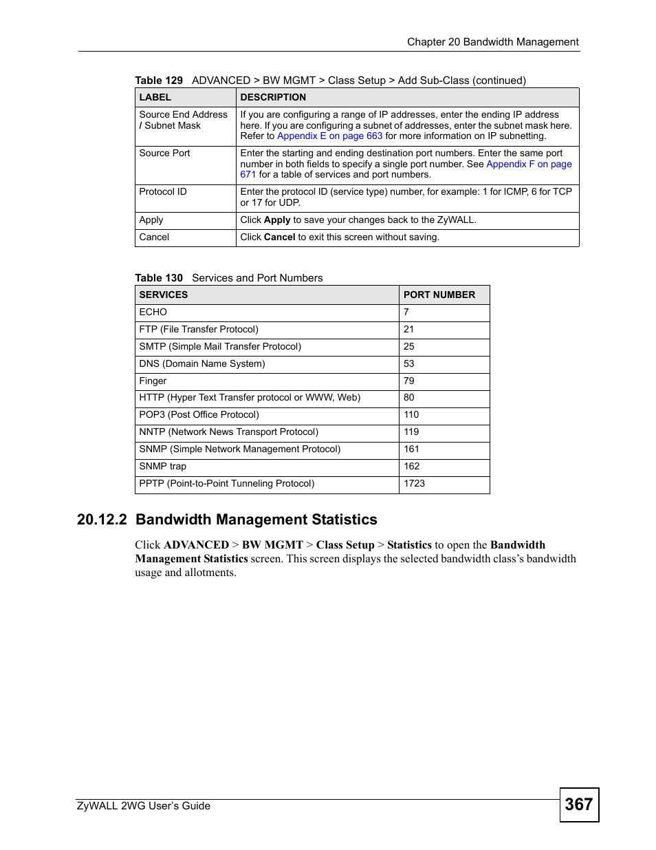 2 bandwidth management statistics, Table 130 services and port numbers | ZyXEL Communications ZyXEL ZyWALL 2WG User Manual | Page 367 / 730