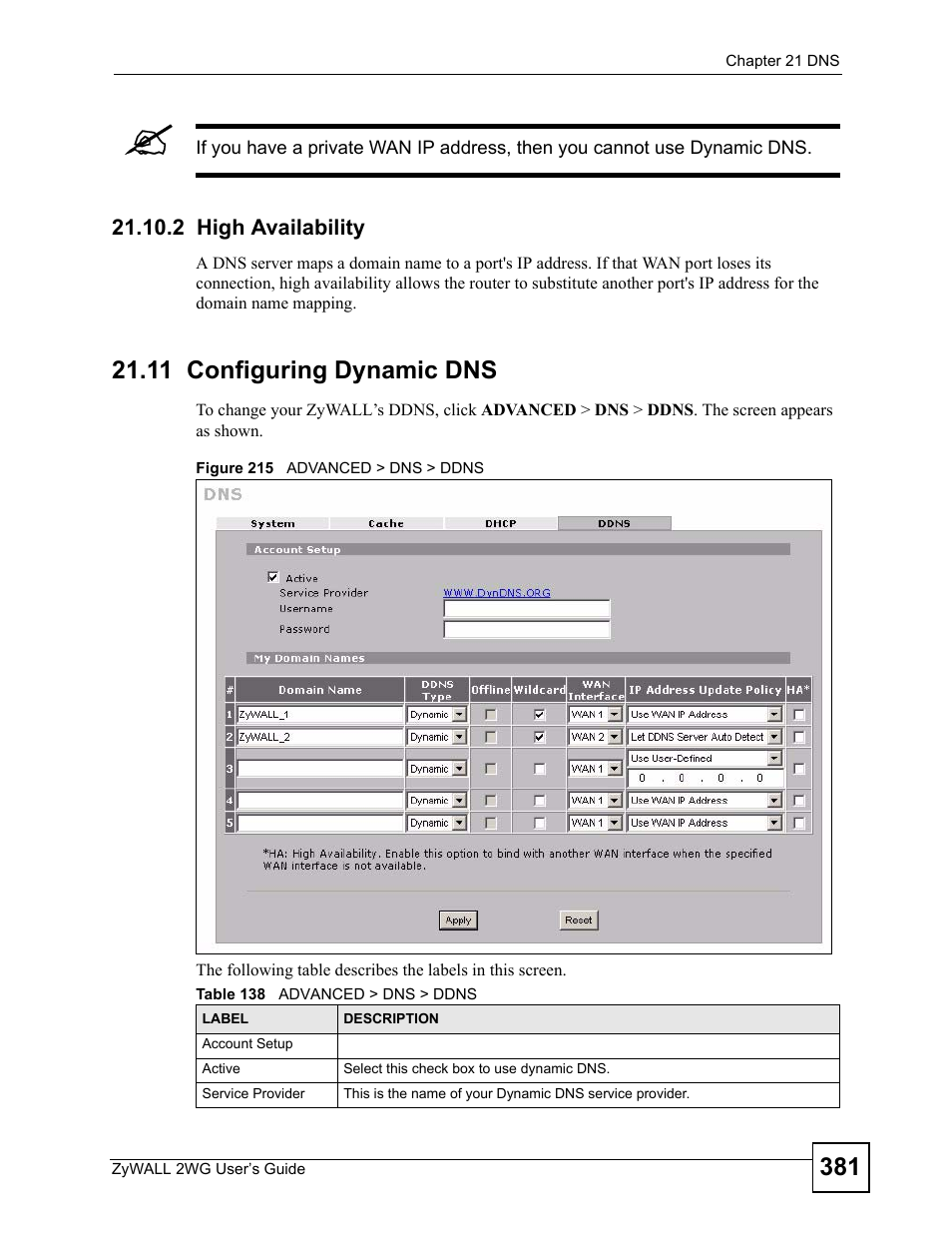 2 high availability, 11 configuring dynamic dns, Figure 215 advanced > dns > ddns | Table 138 advanced > dns > ddns, For details | ZyXEL Communications ZyXEL ZyWALL 2WG User Manual | Page 381 / 730