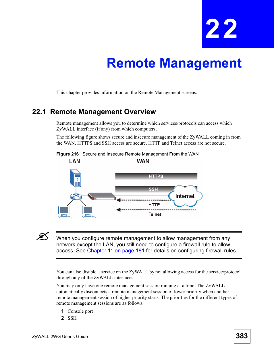 Remote management, 1 remote management overview, Chapter 22 remote management | Remote management (383) | ZyXEL Communications ZyXEL ZyWALL 2WG User Manual | Page 383 / 730