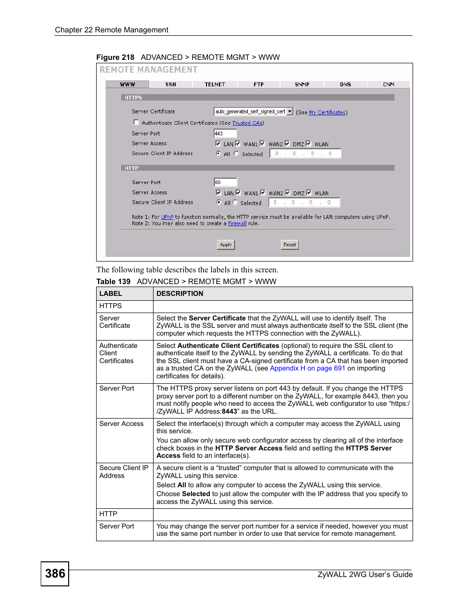 Figure 218 advanced > remote mgmt > www, Table 139 advanced > remote mgmt > www | ZyXEL Communications ZyXEL ZyWALL 2WG User Manual | Page 386 / 730