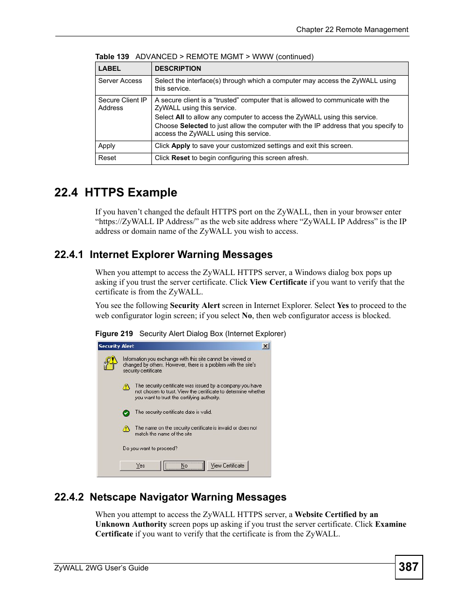 4 https example, 1 internet explorer warning messages, 2 netscape navigator warning messages | ZyXEL Communications ZyXEL ZyWALL 2WG User Manual | Page 387 / 730