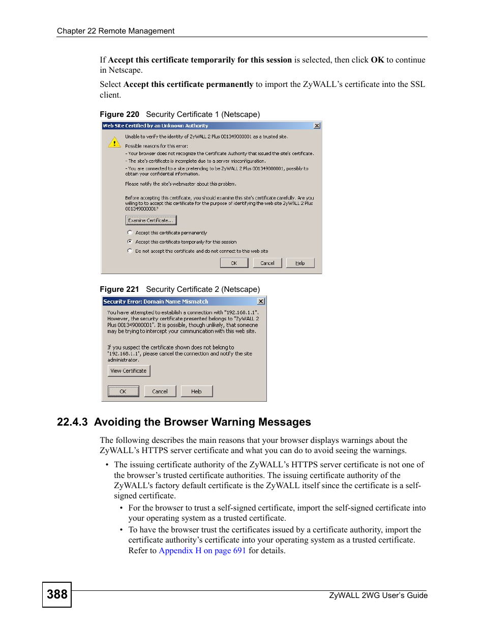 3 avoiding the browser warning messages | ZyXEL Communications ZyXEL ZyWALL 2WG User Manual | Page 388 / 730