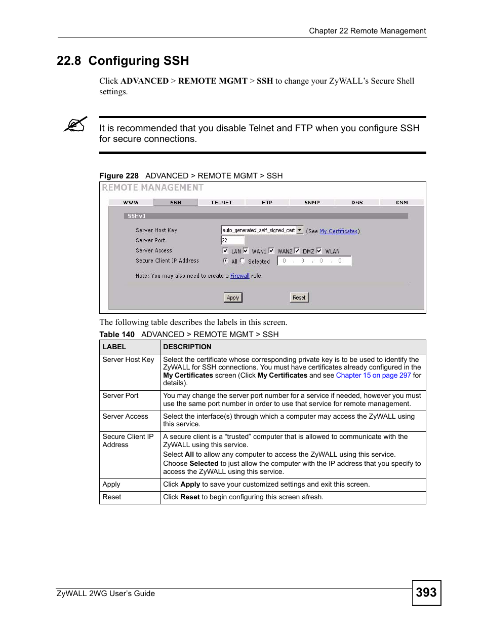 8 configuring ssh, Figure 228 advanced > remote mgmt > ssh, Table 140 advanced > remote mgmt > ssh | ZyXEL Communications ZyXEL ZyWALL 2WG User Manual | Page 393 / 730