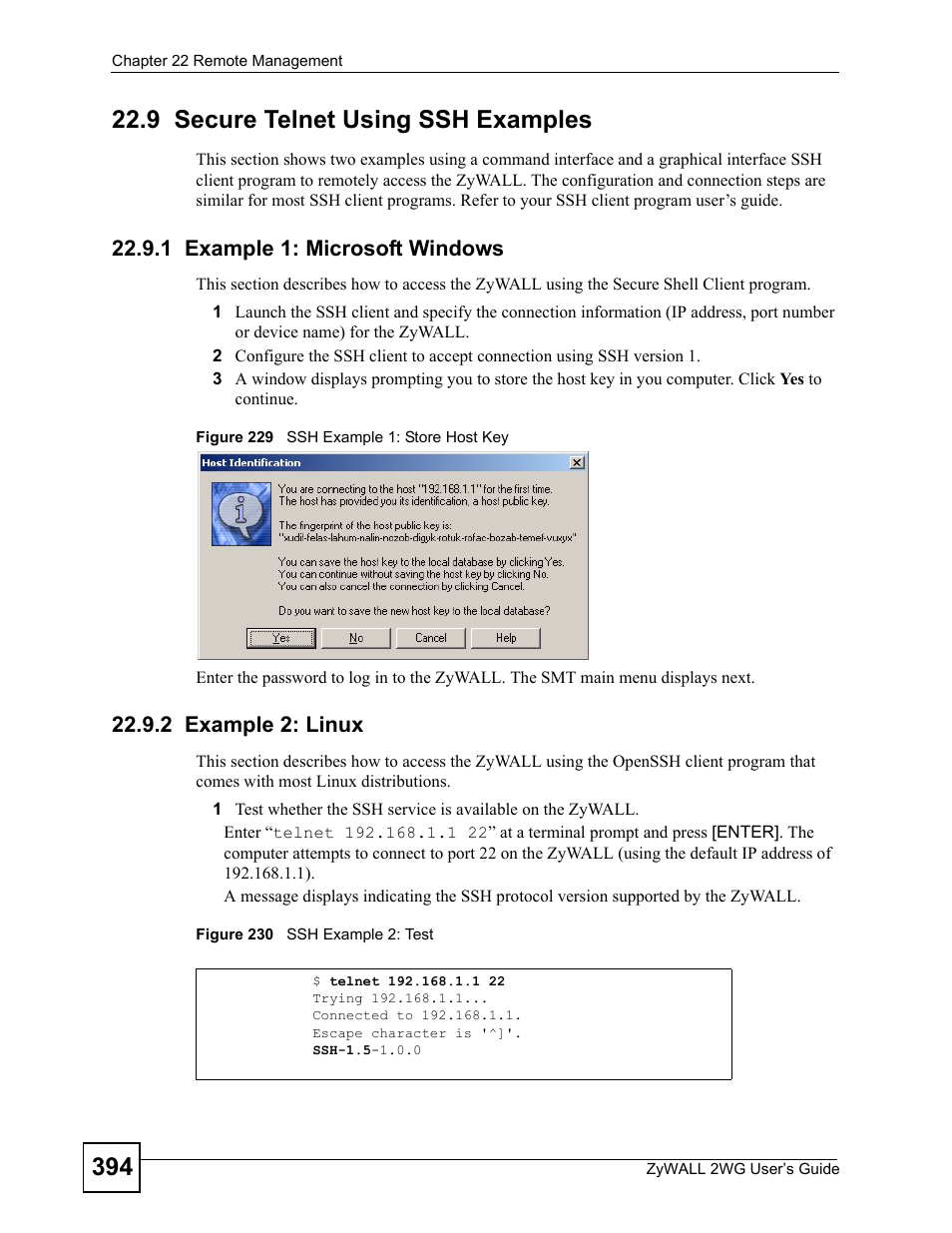 9 secure telnet using ssh examples, 1 example 1: microsoft windows, 2 example 2: linux | ZyXEL Communications ZyXEL ZyWALL 2WG User Manual | Page 394 / 730