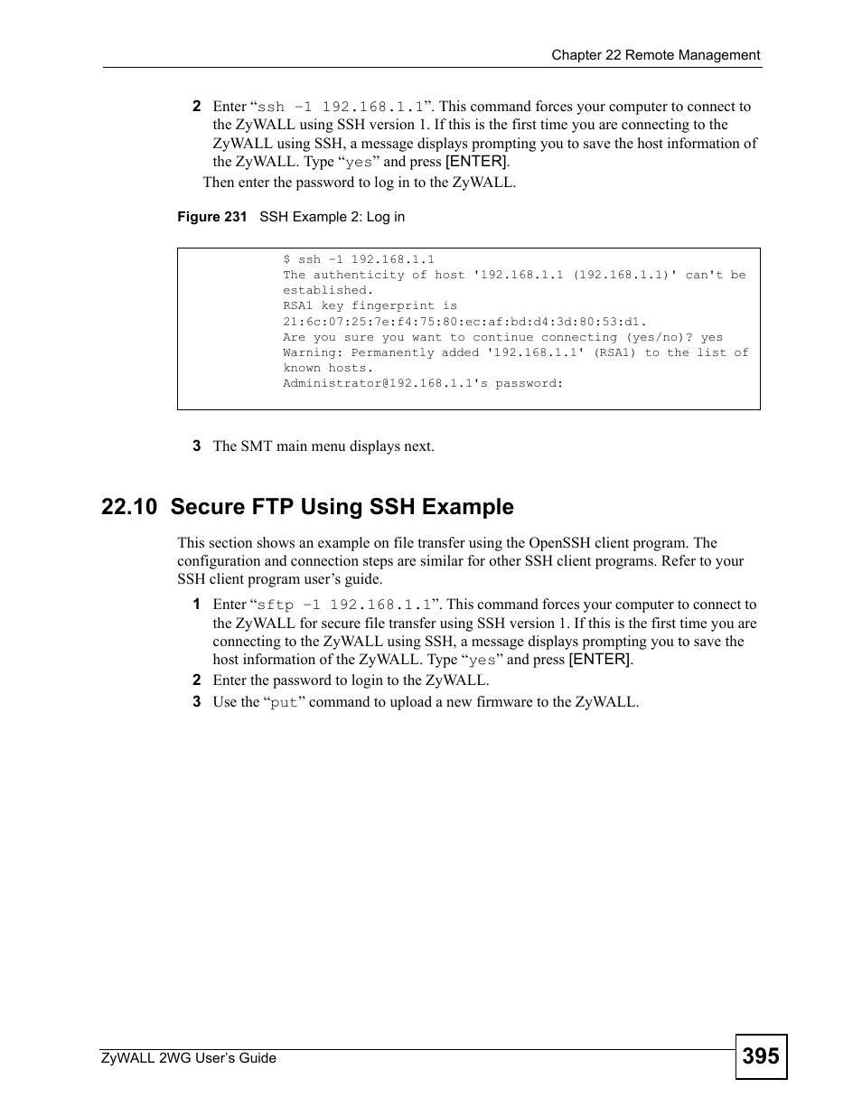 10 secure ftp using ssh example, Figure 231 ssh example 2: log in | ZyXEL Communications ZyXEL ZyWALL 2WG User Manual | Page 395 / 730