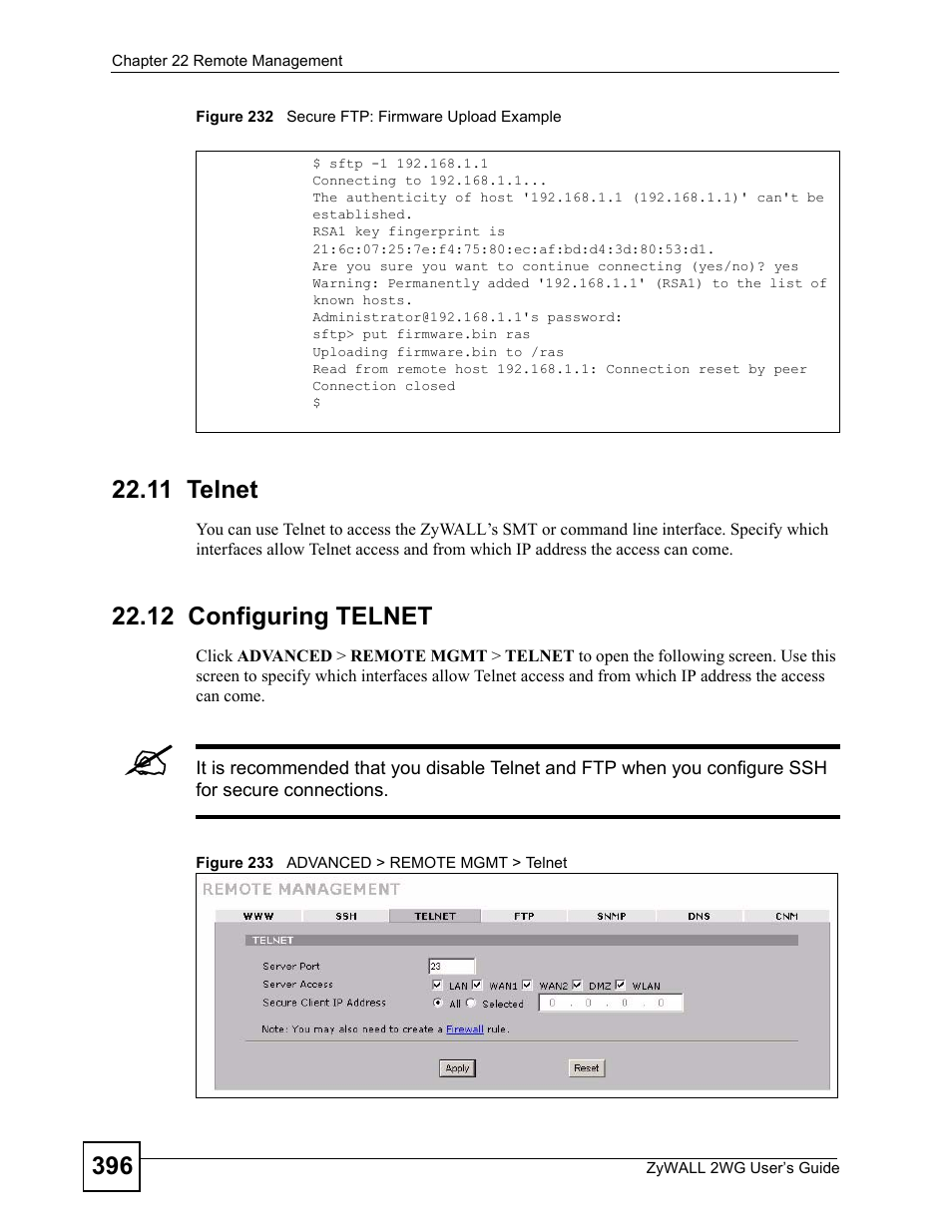 11 telnet, 12 configuring telnet, 11 telnet 22.12 configuring telnet | ZyXEL Communications ZyXEL ZyWALL 2WG User Manual | Page 396 / 730