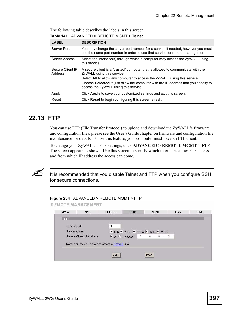 13 ftp, Figure 234 advanced > remote mgmt > ftp, Table 141 advanced > remote mgmt > telnet | ZyXEL Communications ZyXEL ZyWALL 2WG User Manual | Page 397 / 730