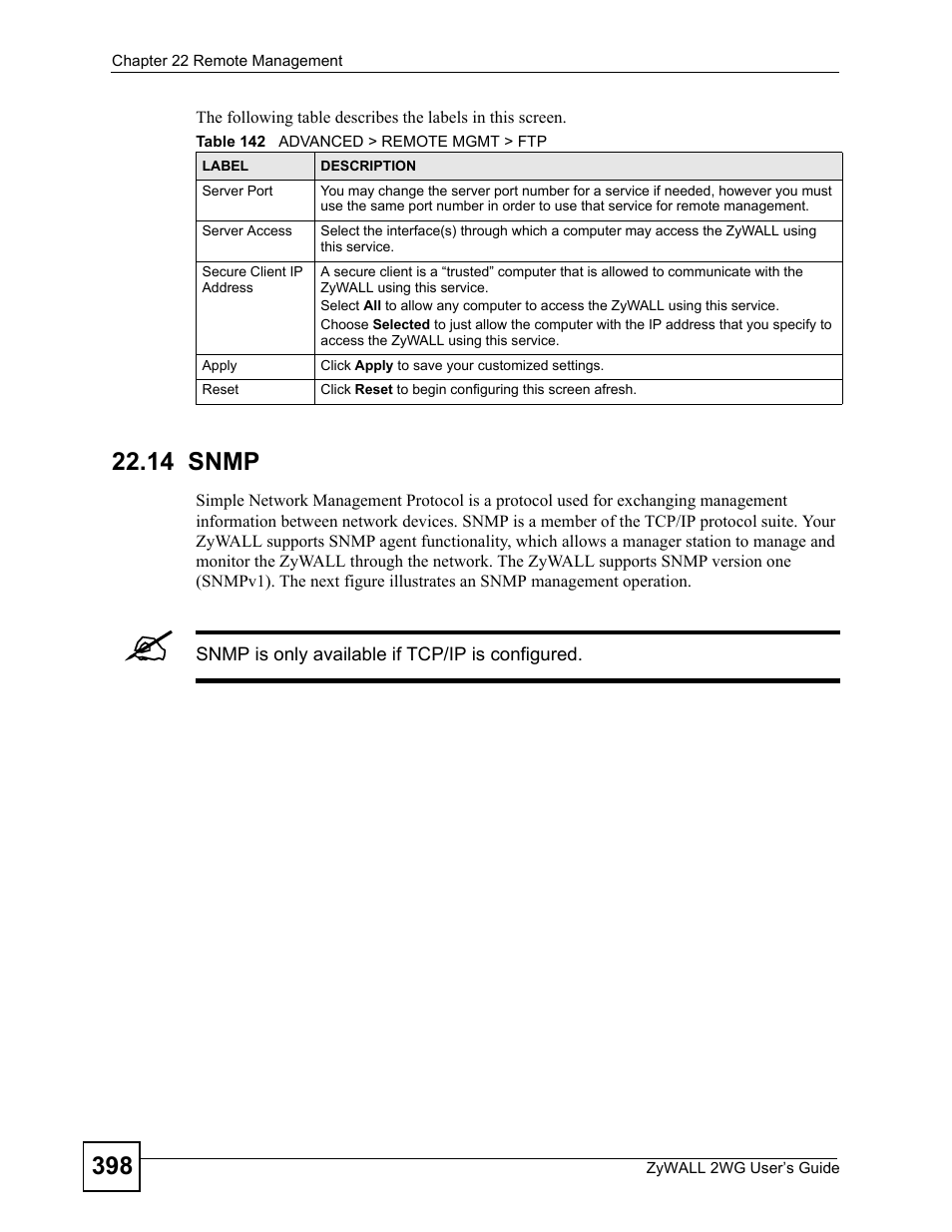 14 snmp, Table 142 advanced > remote mgmt > ftp | ZyXEL Communications ZyXEL ZyWALL 2WG User Manual | Page 398 / 730