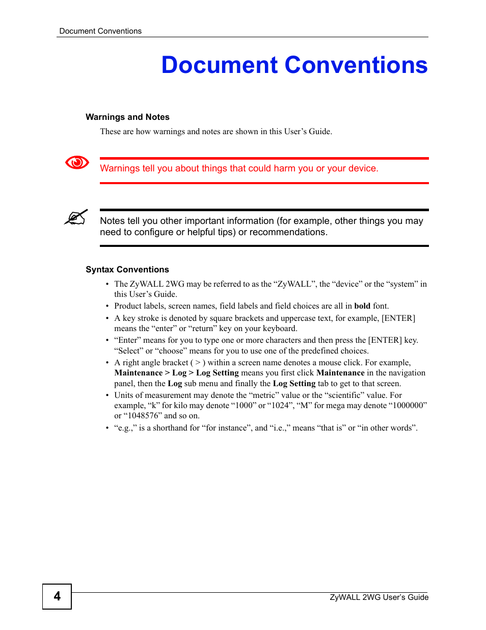 Document conventions | ZyXEL Communications ZyXEL ZyWALL 2WG User Manual | Page 4 / 730