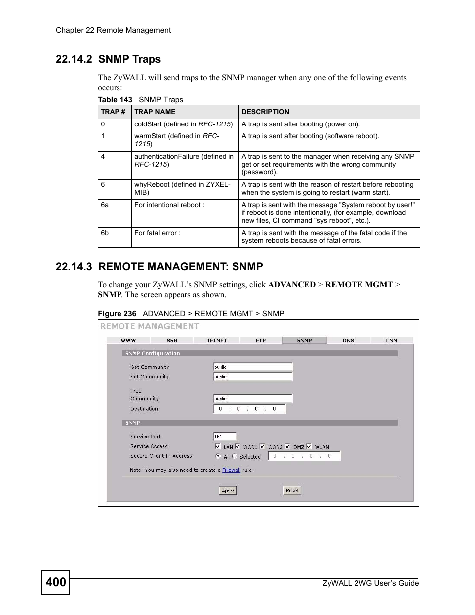 2 snmp traps, 3 remote management: snmp, 2 snmp traps 22.14.3 remote management: snmp | Figure 236 advanced > remote mgmt > snmp, Table 143 snmp traps | ZyXEL Communications ZyXEL ZyWALL 2WG User Manual | Page 400 / 730