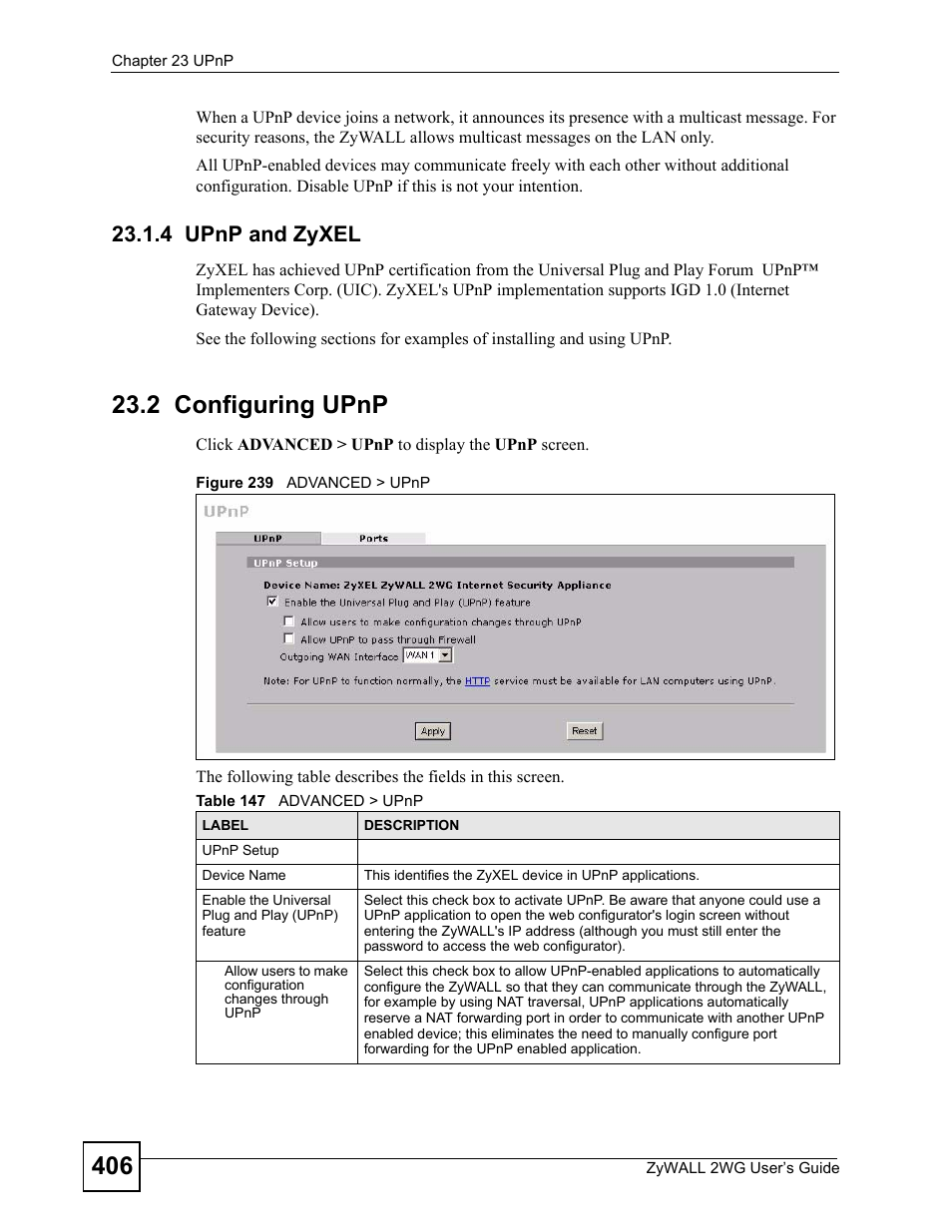 4 upnp and zyxel, 2 configuring upnp, Figure 239 advanced > upnp | Table 147 advanced > upnp | ZyXEL Communications ZyXEL ZyWALL 2WG User Manual | Page 406 / 730