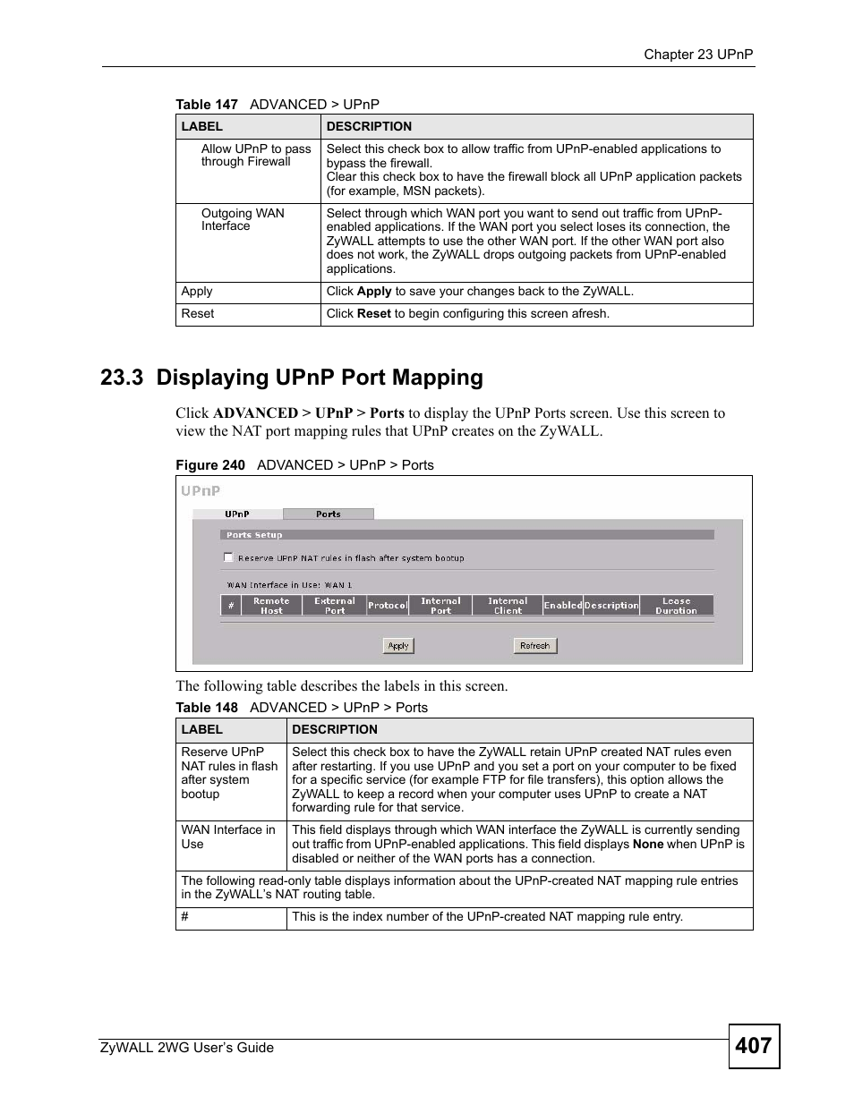 3 displaying upnp port mapping, Figure 240 advanced > upnp > ports, Table 148 advanced > upnp > ports | ZyXEL Communications ZyXEL ZyWALL 2WG User Manual | Page 407 / 730