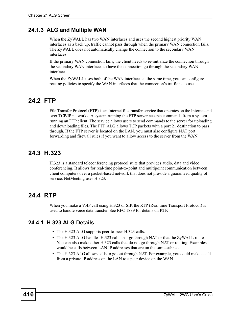 3 alg and multiple wan, 2 ftp, 3 h.323 | 4 rtp, 1 h.323 alg details, 2 ftp 24.3 h.323 24.4 rtp | ZyXEL Communications ZyXEL ZyWALL 2WG User Manual | Page 416 / 730