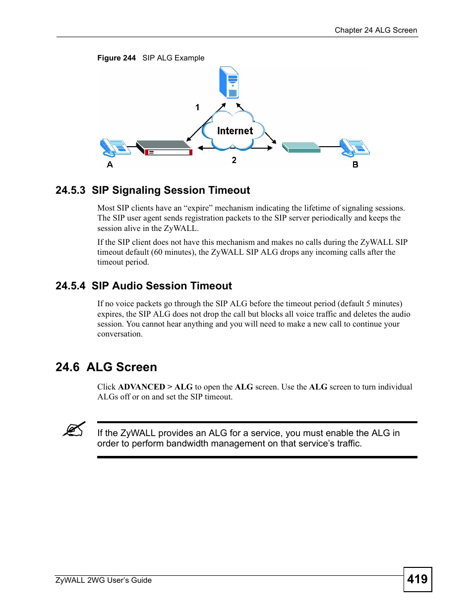 3 sip signaling session timeout, 4 sip audio session timeout, 6 alg screen | Figure 244 sip alg example | ZyXEL Communications ZyXEL ZyWALL 2WG User Manual | Page 419 / 730