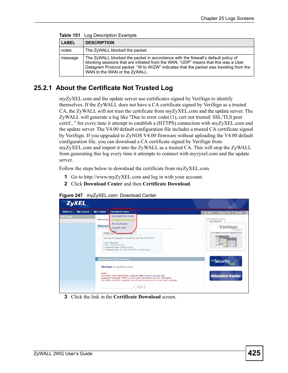 1 about the certificate not trusted log, Figure 247 myzyxel.com: download center | ZyXEL Communications ZyXEL ZyWALL 2WG User Manual | Page 425 / 730