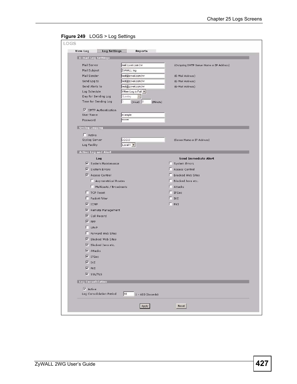 Figure 249 logs > log settings | ZyXEL Communications ZyXEL ZyWALL 2WG User Manual | Page 427 / 730