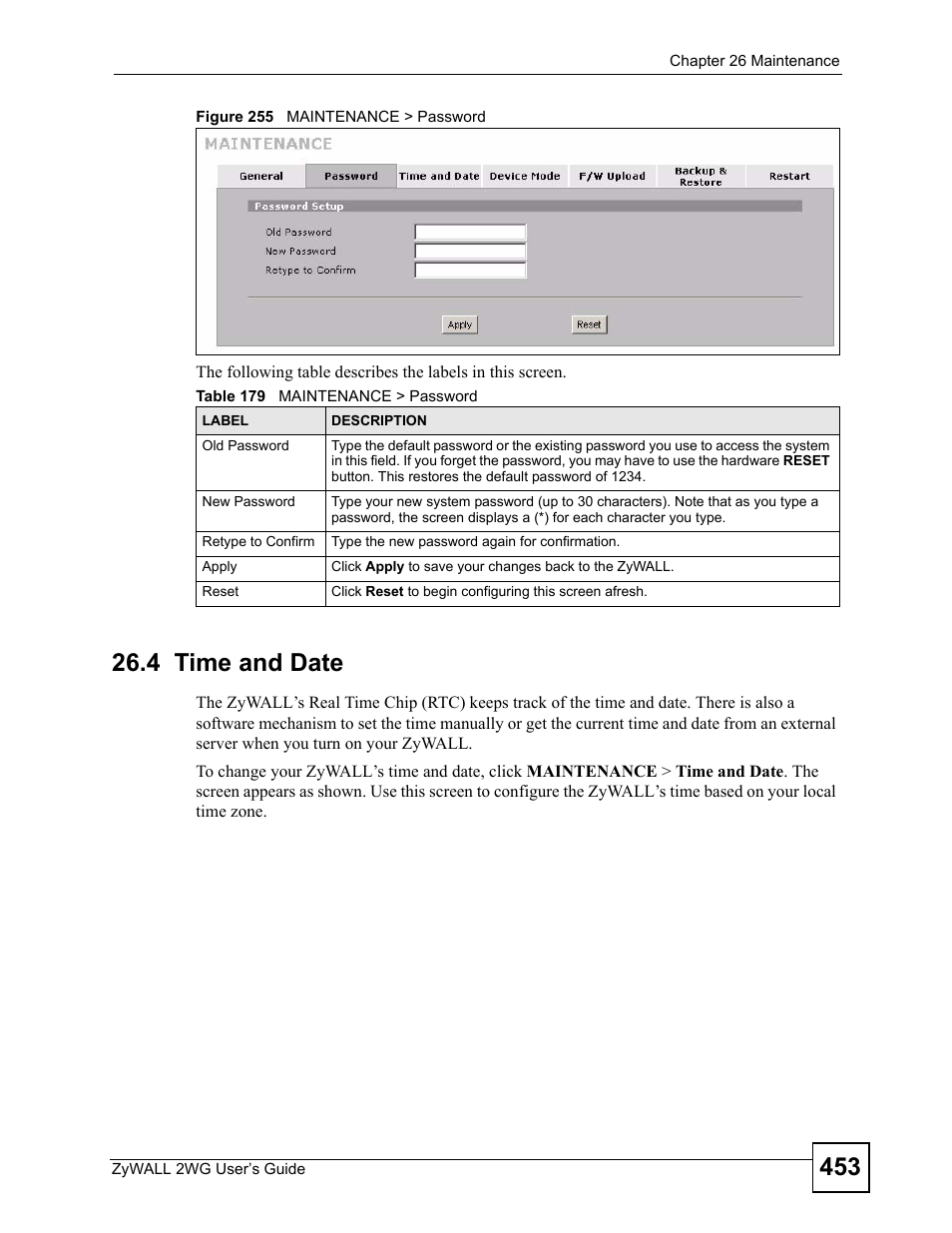 4 time and date, Figure 255 maintenance > password, Table 179 maintenance > password | ZyXEL Communications ZyXEL ZyWALL 2WG User Manual | Page 453 / 730