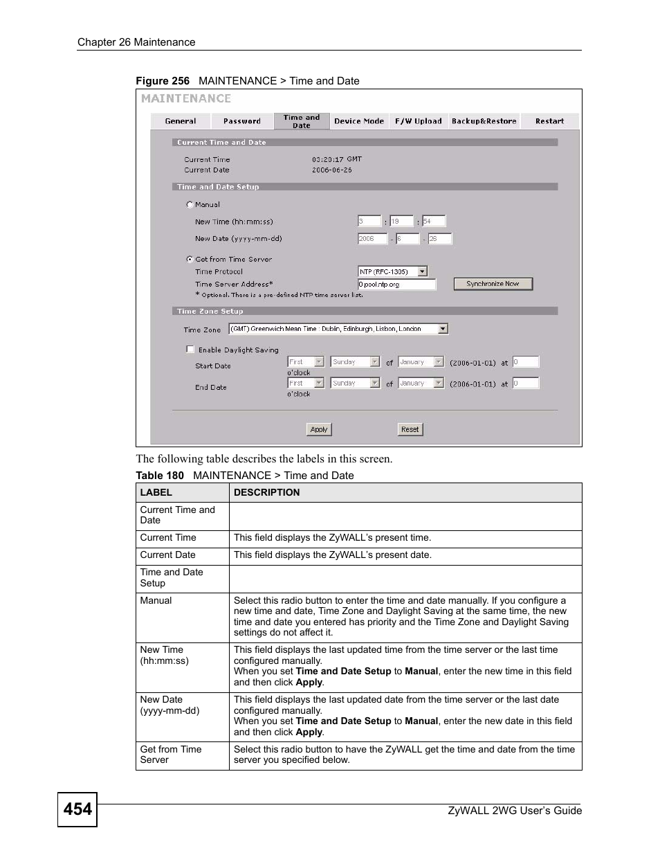 Figure 256 maintenance > time and date, Table 180 maintenance > time and date | ZyXEL Communications ZyXEL ZyWALL 2WG User Manual | Page 454 / 730