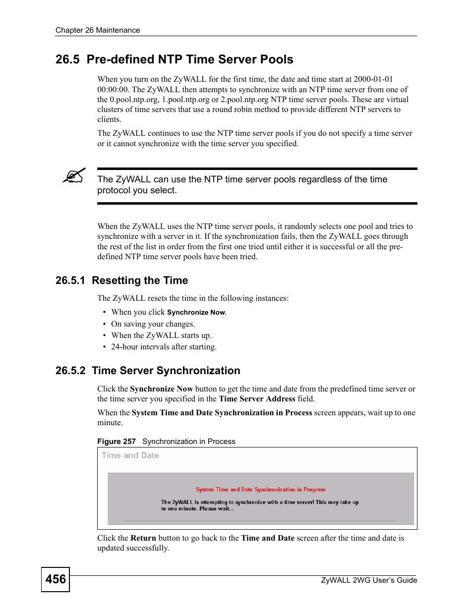 5 pre-defined ntp time server pools, 1 resetting the time, 2 time server synchronization | Figure 257 synchronization in process | ZyXEL Communications ZyXEL ZyWALL 2WG User Manual | Page 456 / 730