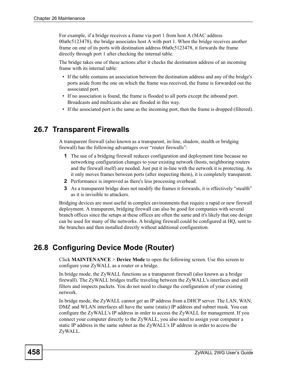 7 transparent firewalls, 8 configuring device mode (router) | ZyXEL Communications ZyXEL ZyWALL 2WG User Manual | Page 458 / 730