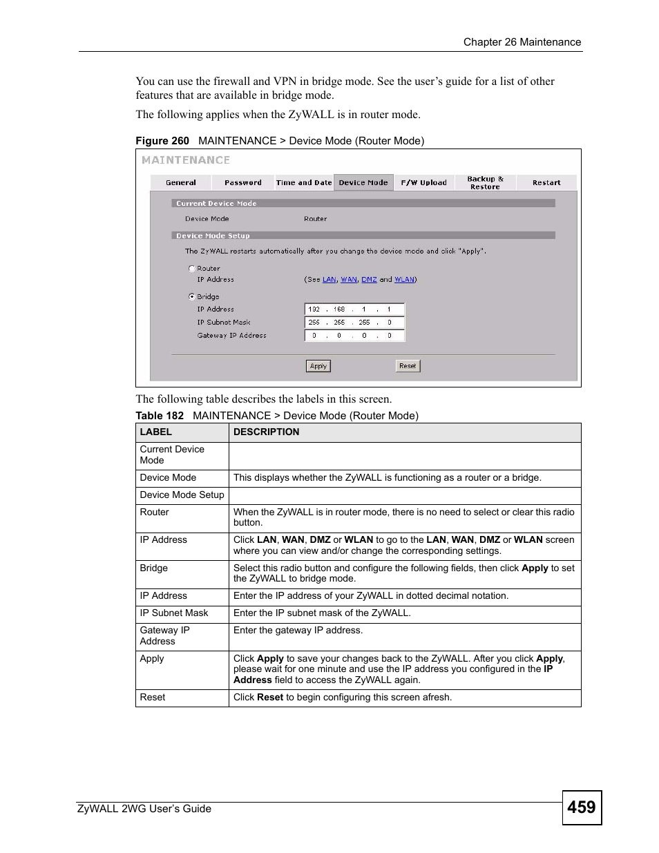 Figure 260 maintenance > device mode (router mode), Table 182 maintenance > device mode (router mode) | ZyXEL Communications ZyXEL ZyWALL 2WG User Manual | Page 459 / 730