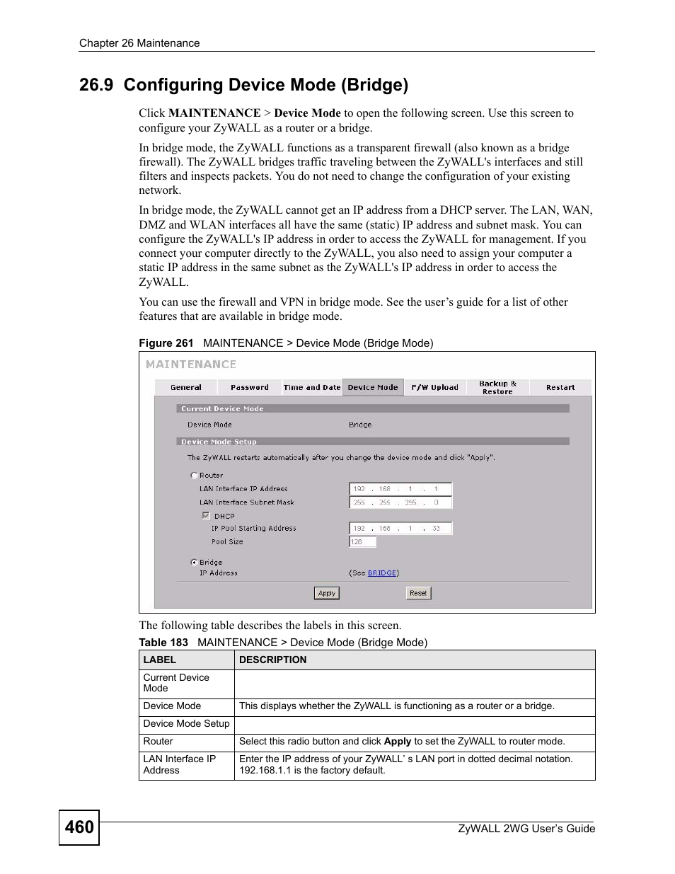 9 configuring device mode (bridge), Figure 261 maintenance > device mode (bridge mode), Table 183 maintenance > device mode (bridge mode) | ZyXEL Communications ZyXEL ZyWALL 2WG User Manual | Page 460 / 730