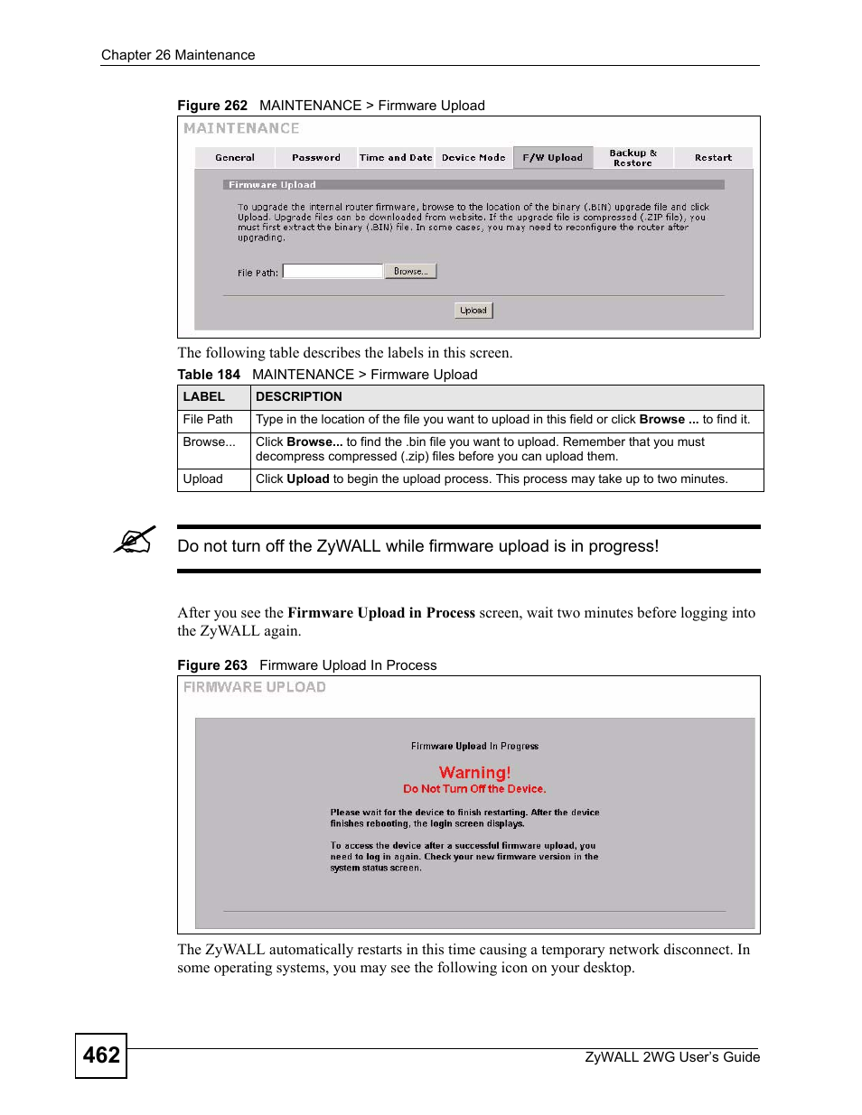 Table 184 maintenance > firmware upload | ZyXEL Communications ZyXEL ZyWALL 2WG User Manual | Page 462 / 730