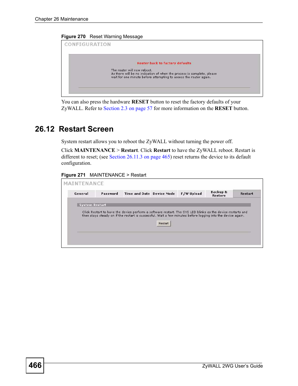 12 restart screen | ZyXEL Communications ZyXEL ZyWALL 2WG User Manual | Page 466 / 730