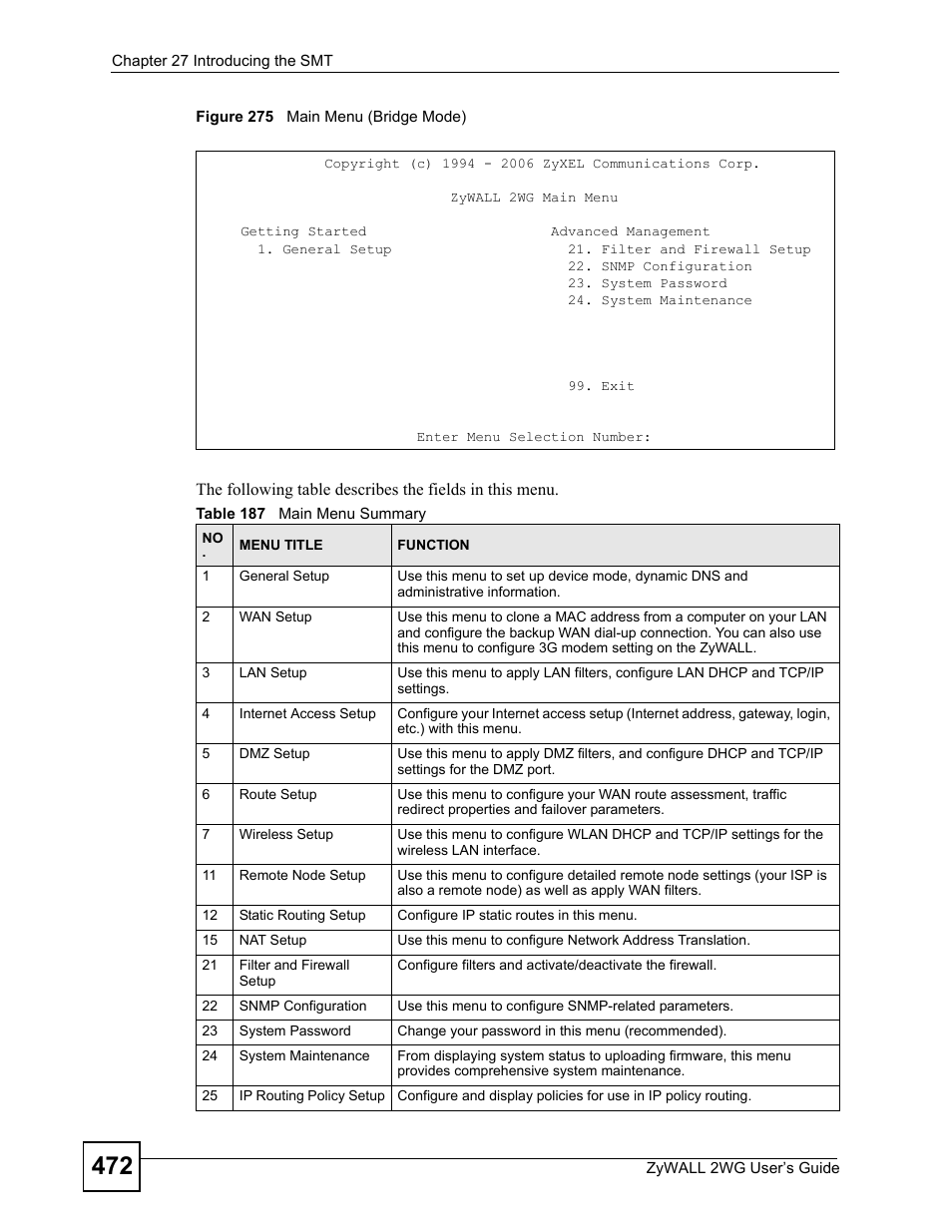 Figure 275 main menu (bridge mode), Table 187 main menu summary | ZyXEL Communications ZyXEL ZyWALL 2WG User Manual | Page 472 / 730