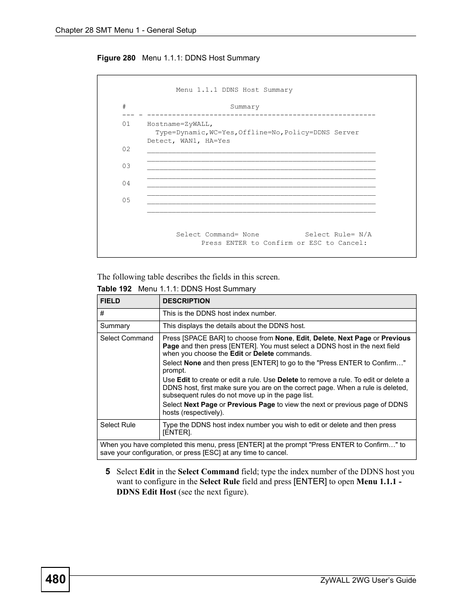 Figure 280 menu 1.1.1: ddns host summary, Table 192 menu 1.1.1: ddns host summary | ZyXEL Communications ZyXEL ZyWALL 2WG User Manual | Page 480 / 730