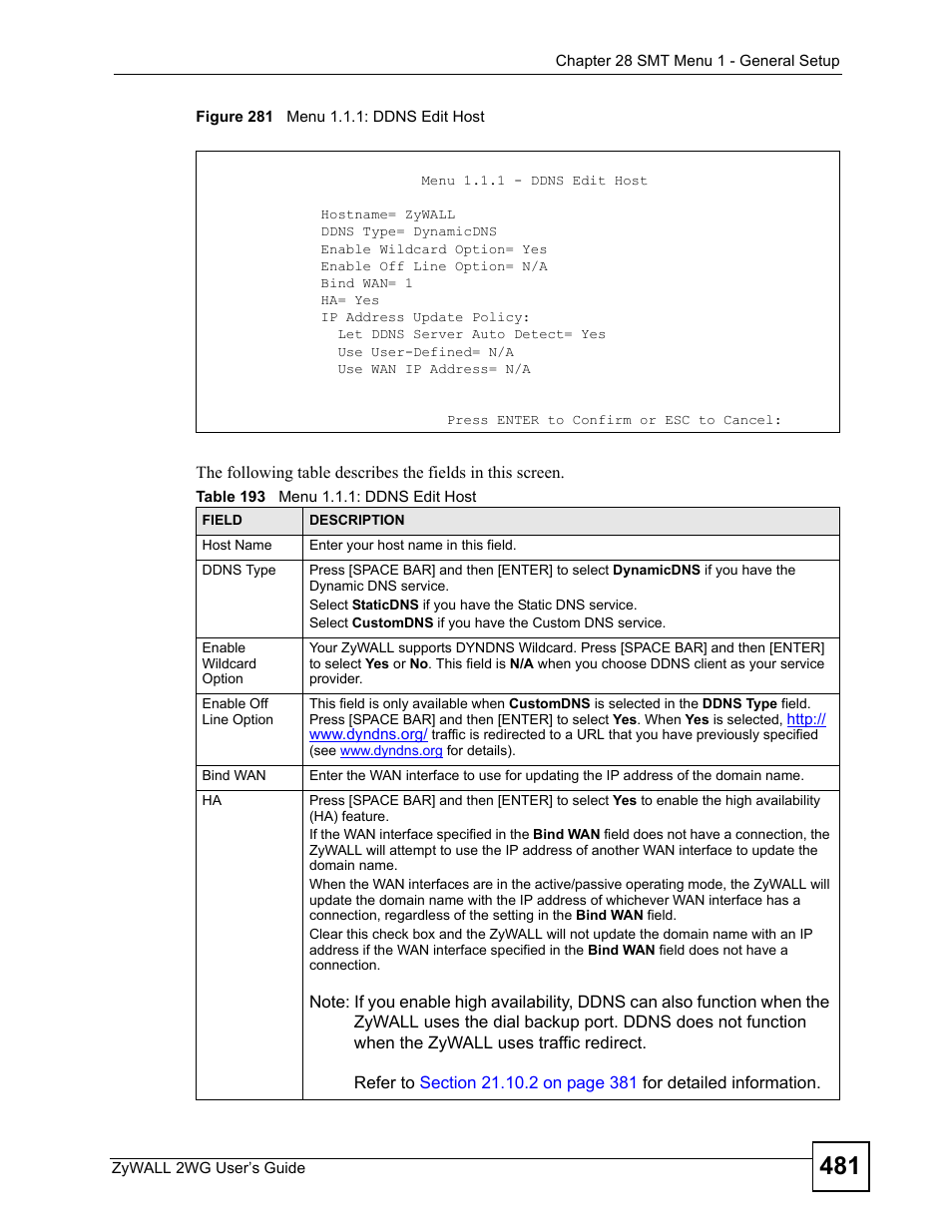 Figure 281 menu 1.1.1: ddns edit host, Table 193 menu 1.1.1: ddns edit host | ZyXEL Communications ZyXEL ZyWALL 2WG User Manual | Page 481 / 730